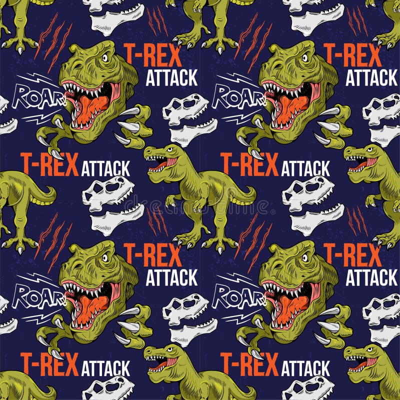 Seamless textile pattern with T-REX attack Tyrannosaurus Rex dinosaur dangerous dino head make noise. Cartoon character illustration for trendy hipster kid print design t shirt tee clothes poster. Seamless textile pattern with T-REX attack Tyrannosaurus Rex dinosaur dangerous dino head make noise. Cartoon character illustration for trendy hipster kid print design t shirt tee clothes poster.