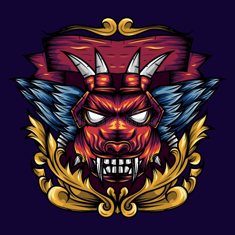 恶魔顶头几何装饰物是一个恶魔头的例证有锋利的犬齿和翼的 向量例证 恶魔顶头几何装饰物是一个恶魔头的例证有锋利的犬齿和翼的 向量例证