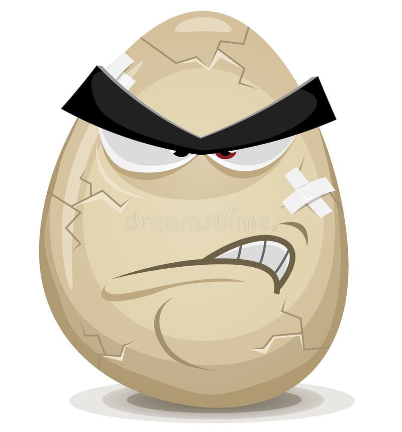 Illustration of a cartoon angry egg character with cracks, fissure and bandage. Illustration of a cartoon angry egg character with cracks, fissure and bandage