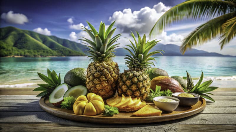 您可以享受到热带海滩天堂的美食，包括新鲜水果沙滩和青绿色水域的理想 向量例证