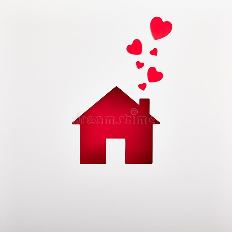 Valentines Day card design idea. Red paper house cutout with hearts coming out of chimney. Romantic holiday background. Celebration of love and affection. Festive home silhouette backdrop. Valentines Day card design idea. Red paper house cutout with hearts coming out of chimney. Romantic holiday background. Celebration of love and affection. Festive home silhouette backdrop