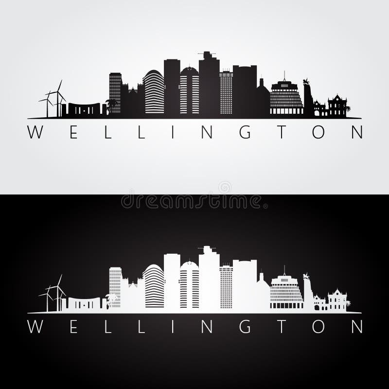 Wellington skyline and landmarks silhouette, black and white design, vector illustration. Wellington skyline and landmarks silhouette, black and white design, vector illustration.