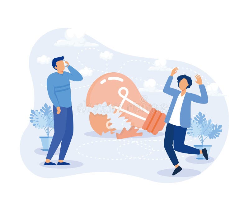 想法查找插图. 角色站在灯泡旁庆祝成功. 创造创意商业想法的人 向量例证