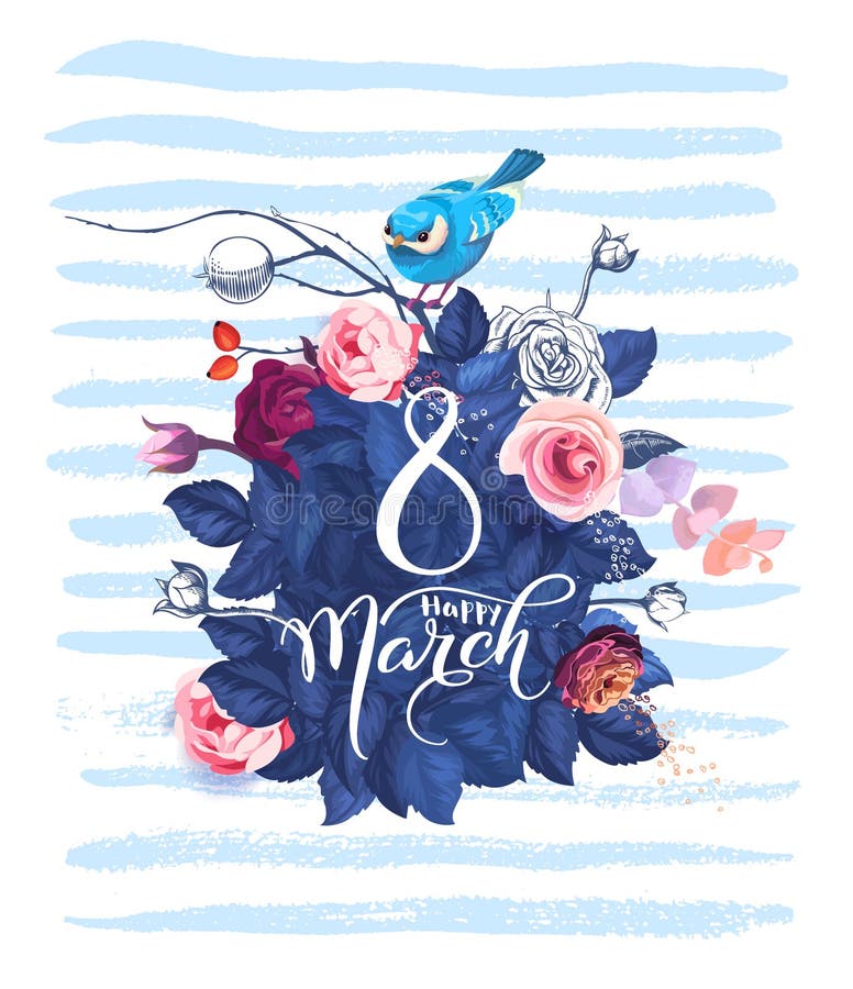 愉快的3月8日 妇女` s天贺卡 与束的美好的手字法春天花、叶子和蓝色鸟