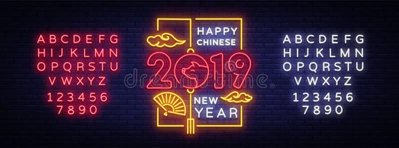 愉快的农历新年2019年在霓虹样式的猪贺卡 农历新年设计模板,黄道带标志 皇族释放例证 愉快的农历新年2019年在霓虹样式的猪贺卡 农历新年设计模板,黄道带标志 皇族释放例证
