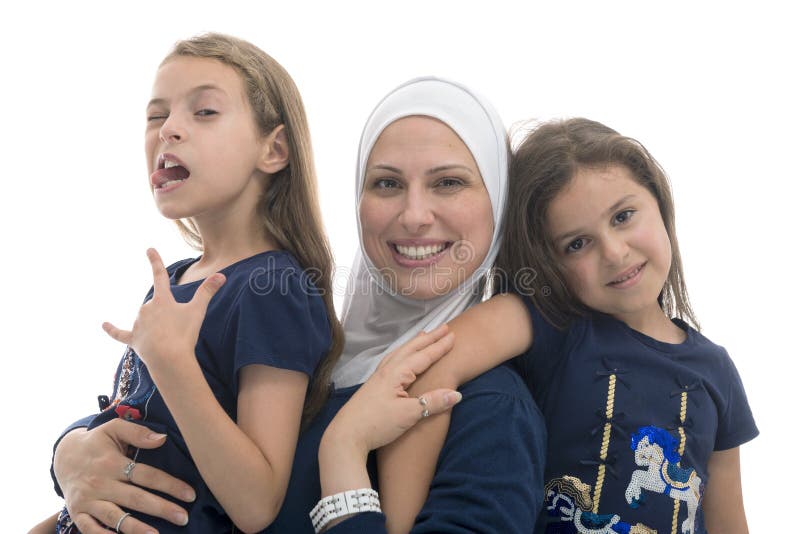 Happy Muslim Female Family, Mother and Her Funny Pose Daughters Isolated on White Background. Happy Muslim Female Family, Mother and Her Funny Pose Daughters Isolated on White Background