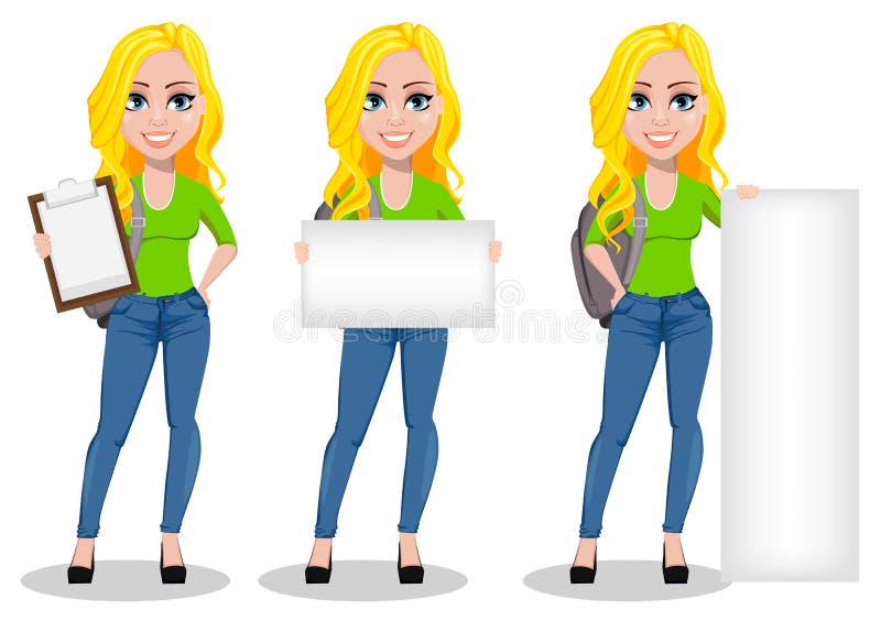 Happy student with backpack, set of three poses. Beautiful female cartoon character holding checklist, holding placard and standing near blank placard. Back to school. Vector illustration. Happy student with backpack, set of three poses. Beautiful female cartoon character holding checklist, holding placard and standing near blank placard. Back to school. Vector illustration