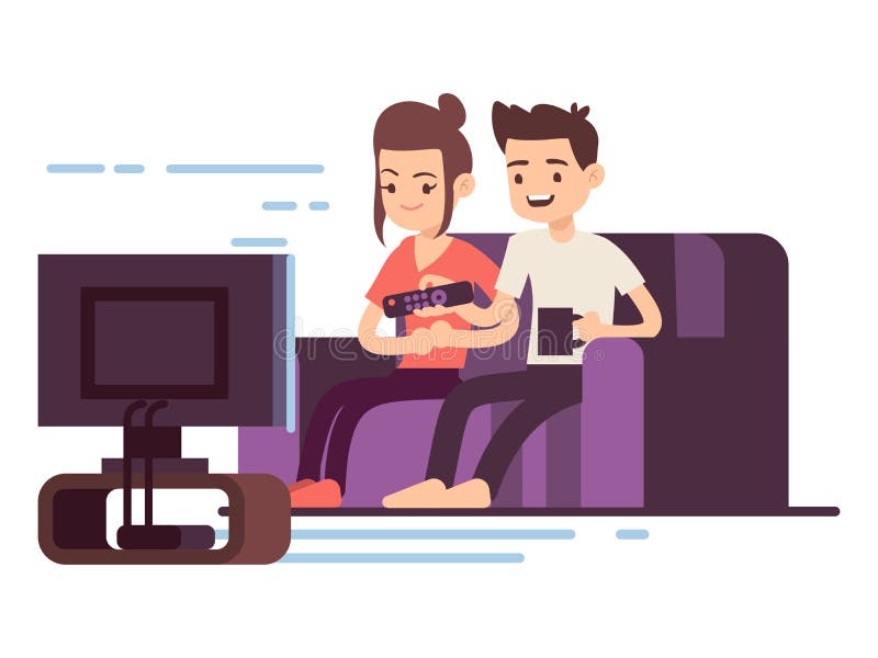 一对快乐的年轻夫妇在看电视 库存例证