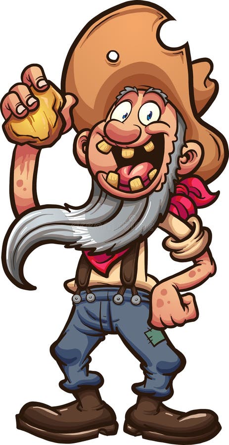 Happy old cartoon prospector holding a piece of gold. Vector clip art illustration with simple gradients. All in a single layer. Happy old cartoon prospector holding a piece of gold. Vector clip art illustration with simple gradients. All in a single layer.