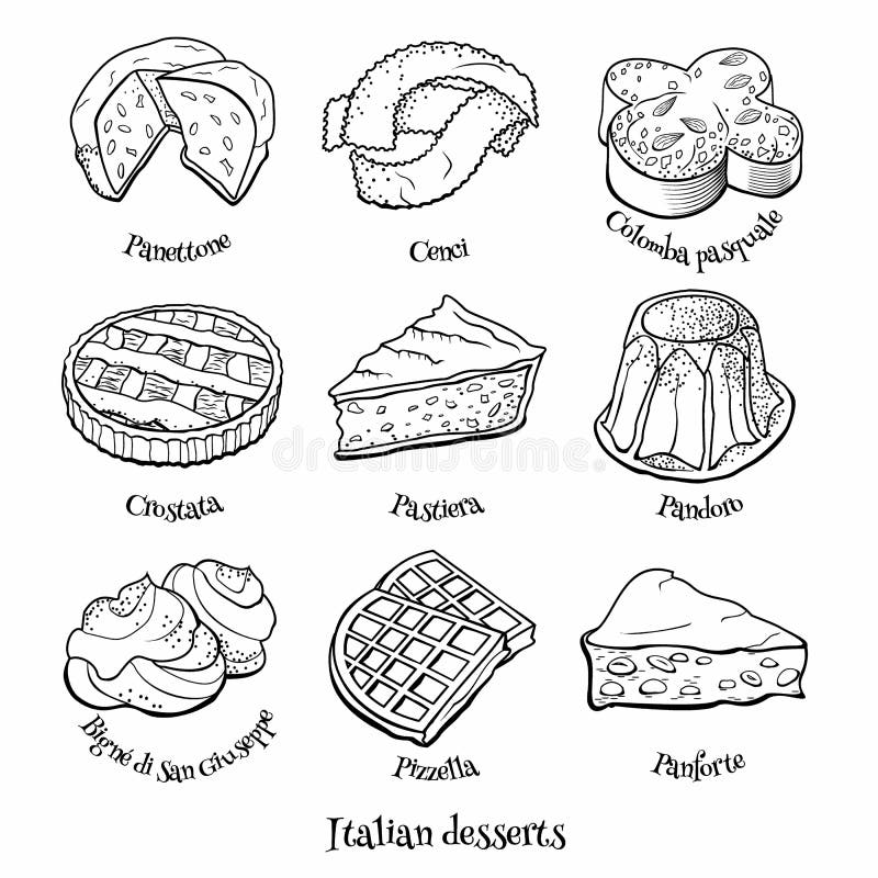 Doodle set of Italian sweets. Hand drawn sketch of traditional desserts. Vector illustration on white background. Doodle set of Italian sweets. Hand drawn sketch of traditional desserts. Vector illustration on white background