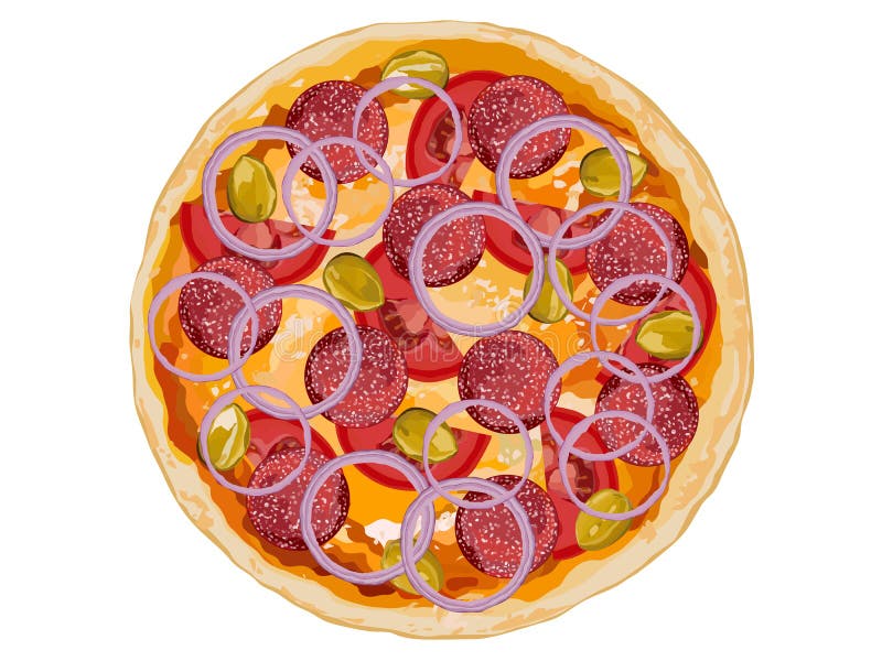 Italian classic original pepperoni pizza with tomatoes and onion on white background vector illustration. Italian classic original pepperoni pizza with tomatoes and onion on white background vector illustration