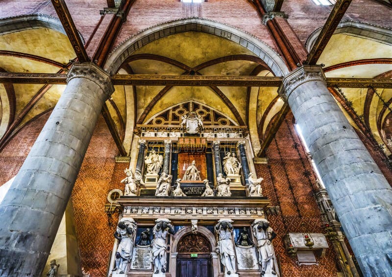 Doge Monument Santa Maria Gloriosa de Frari Church Doge Giovanni Pesaro Venetian ruler San Polo Venice Italy.  Church completed mid 1400s. Doge Monument Santa Maria Gloriosa de Frari Church Doge Giovanni Pesaro Venetian ruler San Polo Venice Italy.  Church completed mid 1400s