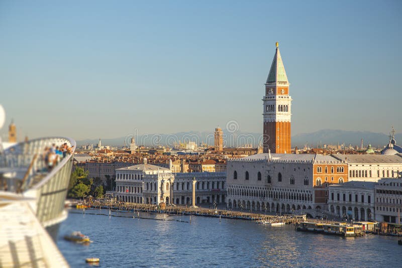 View of the Doge`s Palace and Campanile from the deck of a cruise ship. View of the Doge`s Palace and Campanile from the deck of a cruise ship