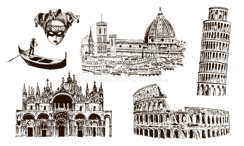 Italian architectural symbols: Coliseum, Duomo Santa maria del fiore, pisan tower, Basilica di San Marco, gondola, carnaval mask. . sketch illustration. For prints, advertising City scape. Italian architectural symbols: Coliseum, Duomo Santa maria del fiore, pisan tower, Basilica di San Marco, gondola, carnaval mask. . sketch illustration. For prints, advertising City scape