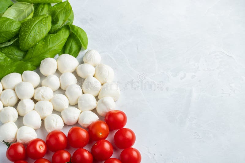 意大利旗子做用蕃茄无盐干酪和蓬蒿 意大利烹调的概念在轻的背景的 顶视图与