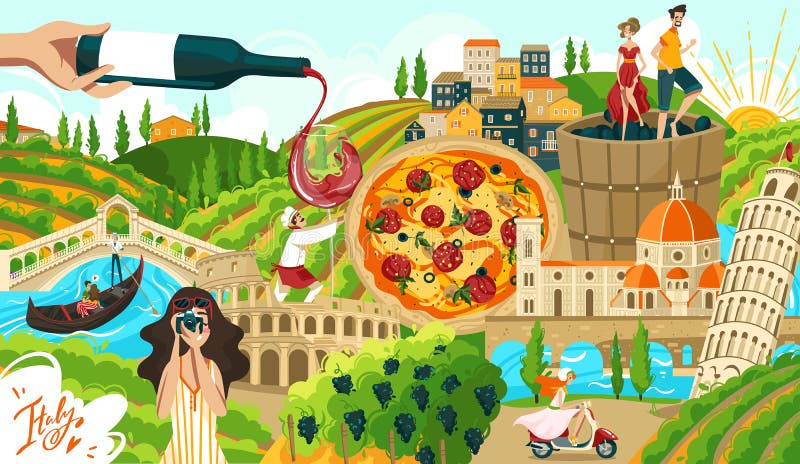 Travel in italy symbols, rome and italian architecture, food and people tourism elements landmarks, pisa tower, venice cartoon vector illustration. Italy culture tourists travelling advertisement. Travel in italy symbols, rome and italian architecture, food and people tourism elements landmarks, pisa tower, venice cartoon vector illustration. Italy culture tourists travelling advertisement.