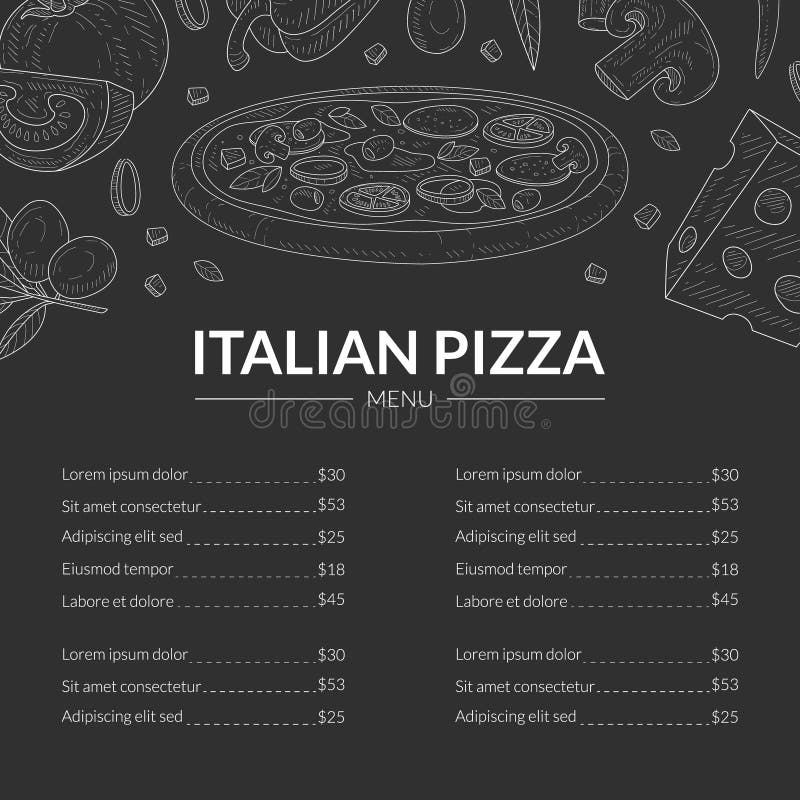 Italian Pizza Menu Template, Traditional Italian Cuisine Dishes, Restaurant and Cafe Brochure Vector Illustration, Web Design. Italian Pizza Menu Template, Traditional Italian Cuisine Dishes, Restaurant and Cafe Brochure Vector Illustration, Web Design.