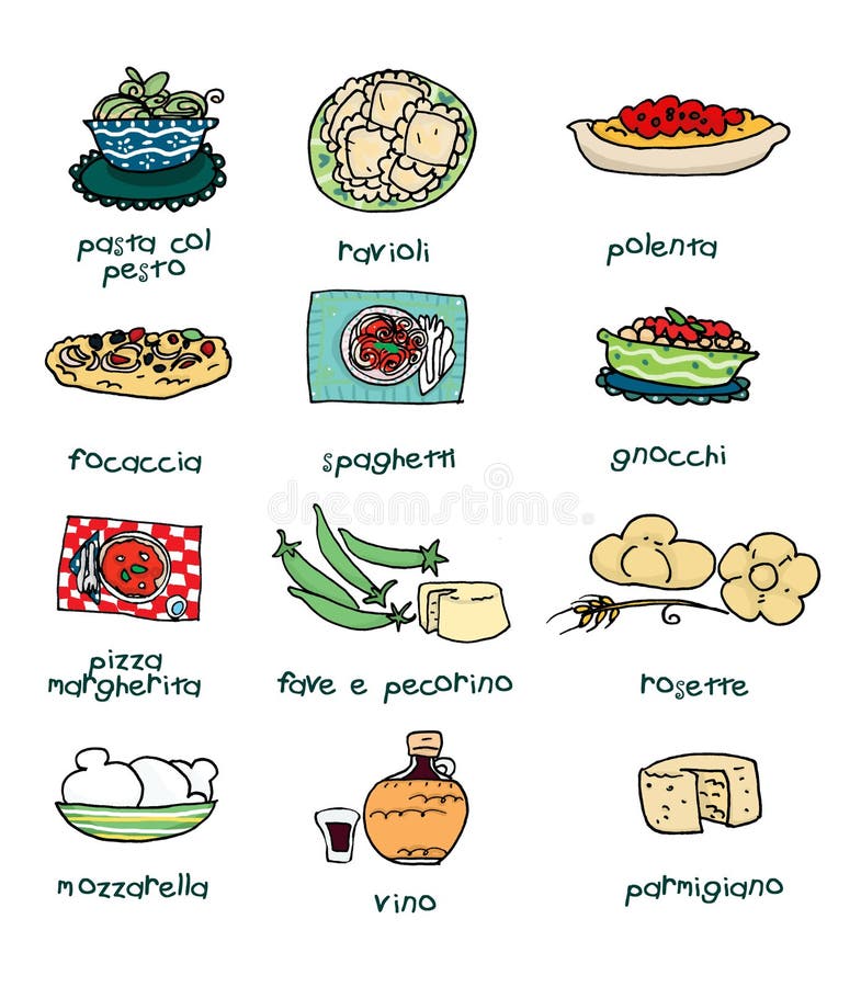 Some of most popular italian food. Digital illustration. Some of most popular italian food. Digital illustration