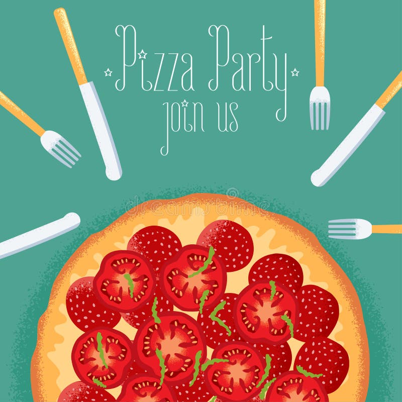 Italian pizza party invitation, celebration image. Design element with pizza, fork and knife for flyer, poster, greeting card. Italian pizza party invitation, celebration image. Design element with pizza, fork and knife for flyer, poster, greeting card