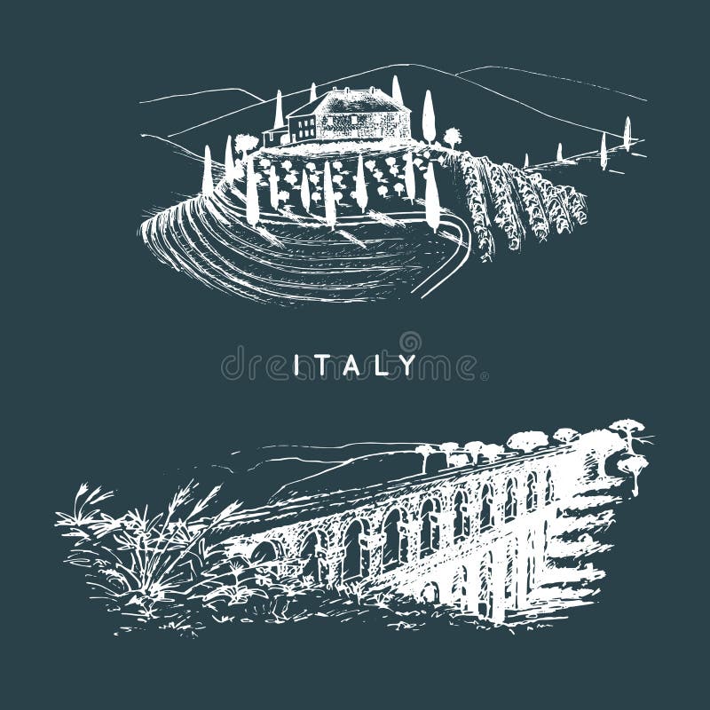 Italian landscapes set with roman aqueduct and Tuscany villa. Vector hand sketched illustration of Italy sights. European touristic symbols. Italian landscapes set with roman aqueduct and Tuscany villa. Vector hand sketched illustration of Italy sights. European touristic symbols.