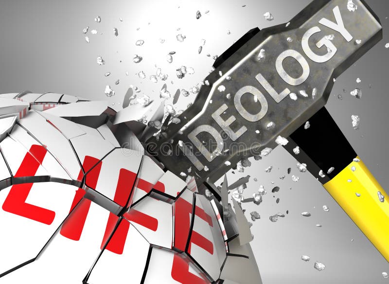 Ideology and destruction of health and life - symbolized by word Ideology and a hammer to show negative aspect of Ideology, 3d illustration. Ideology and destruction of health and life - symbolized by word Ideology and a hammer to show negative aspect of Ideology, 3d illustration.