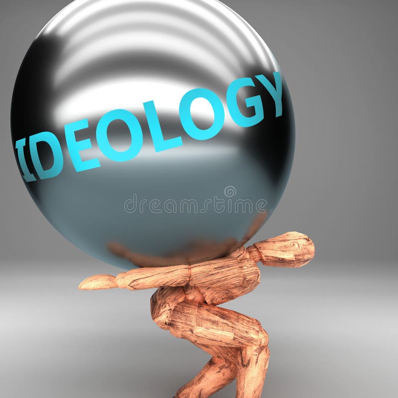 Ideology as a burden and weight on shoulders - symbolized by word Ideology on a steel ball to show negative aspect of Ideology, 3d illustration. Ideology as a burden and weight on shoulders - symbolized by word Ideology on a steel ball to show negative aspect of Ideology, 3d illustration.