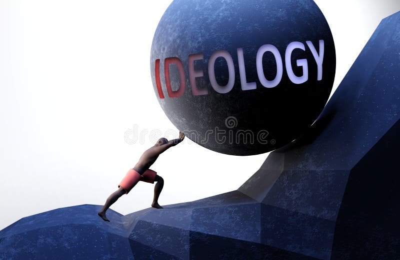 Ideology as a problem that makes life harder - symbolized by a person pushing weight with word Ideology to show that Ideology can be a burden that is hard to carry, 3d illustration. Ideology as a problem that makes life harder - symbolized by a person pushing weight with word Ideology to show that Ideology can be a burden that is hard to carry, 3d illustration.