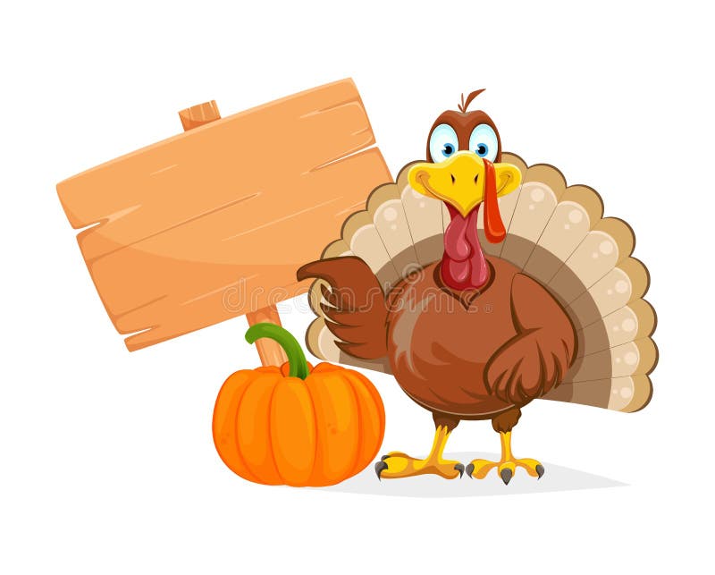 Happy Thanksgiving Day. Funny Thanksgiving Turkey bird pointing on placard. Vector illustration on white background. Happy Thanksgiving Day. Funny Thanksgiving Turkey bird pointing on placard. Vector illustration on white background