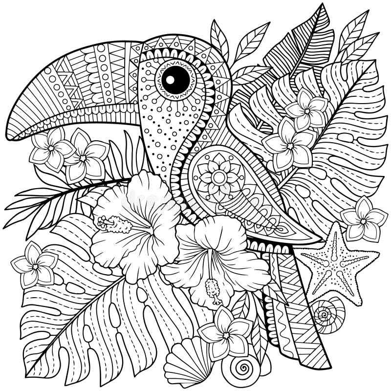 成人的彩图 在热带叶子和花中的Toucan 向量例证 成人的彩图 在热带叶子和花中的Toucan 向量例证