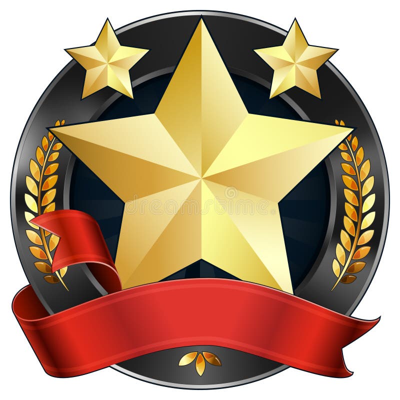 Illustration of a gold star award or sports plaque medal. Red ribbon is wrapped around it. Gold stars and gold wreaths surround the reward. Representations include: Achievement, Winning, 1st Place, Best Player or Most Valuable Player of a sports game, Quality Product, or any other type of success. Illustration of a gold star award or sports plaque medal. Red ribbon is wrapped around it. Gold stars and gold wreaths surround the reward. Representations include: Achievement, Winning, 1st Place, Best Player or Most Valuable Player of a sports game, Quality Product, or any other type of success.