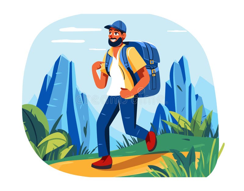 Adult male hiker trekking mountains nature landscape. Happy bearded hiker wearing cap, backpack outdoors adventure. Cartoon traveler exploring hiking trail, mountains, sky background. Adult male hiker trekking mountains nature landscape. Happy bearded hiker wearing cap, backpack outdoors adventure. Cartoon traveler exploring hiking trail, mountains, sky background