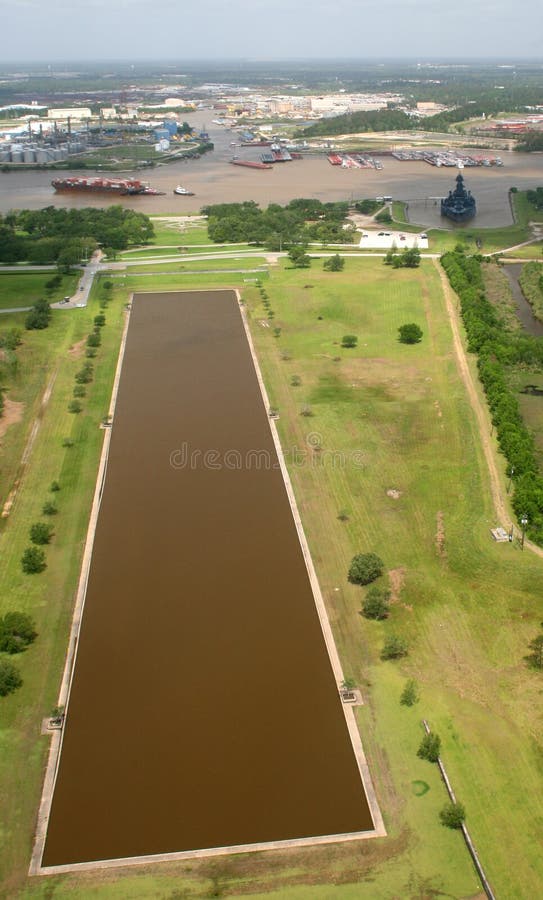 High view depicting Buffalo Bayou route to Port Houston, the USS Texas, BB35, battleship berthing and the Reflecting Pond leading to the San Jacinto Monument. This scene also depicts the battle of San Jacinton where Sam Houstons 900 Texans fought Santa Ana's 1200 Mexican army eventually leading to Texas independence from Mexico. High view depicting Buffalo Bayou route to Port Houston, the USS Texas, BB35, battleship berthing and the Reflecting Pond leading to the San Jacinto Monument. This scene also depicts the battle of San Jacinton where Sam Houstons 900 Texans fought Santa Ana's 1200 Mexican army eventually leading to Texas independence from Mexico.