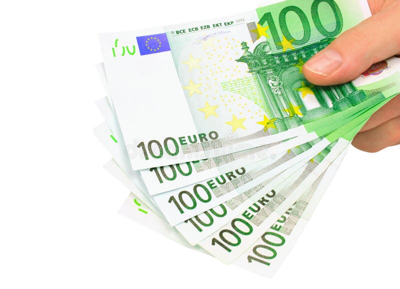 Male hand holding six 100 euro notes isolated on white with clipping path. Male hand holding six 100 euro notes isolated on white with clipping path