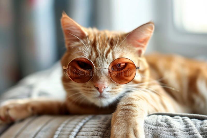 戴圆太阳镜的姜猫在沙发上放松 免版税库存照片