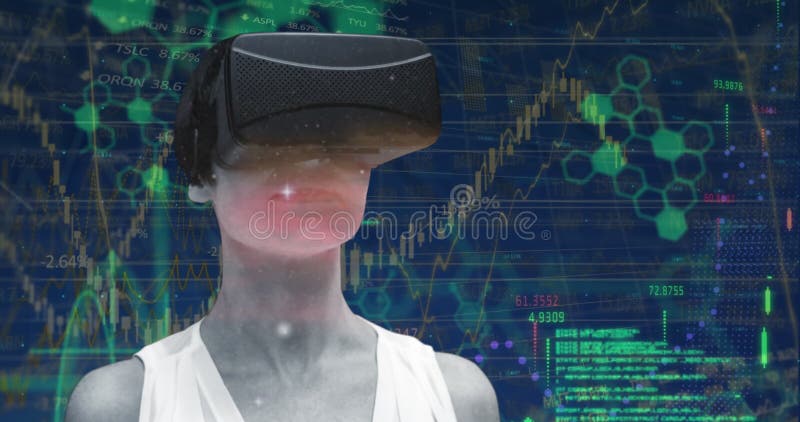 戴着VR头显的女子惊叹于不断扩张的宇宙和闪耀的星星。 皇族释放例证