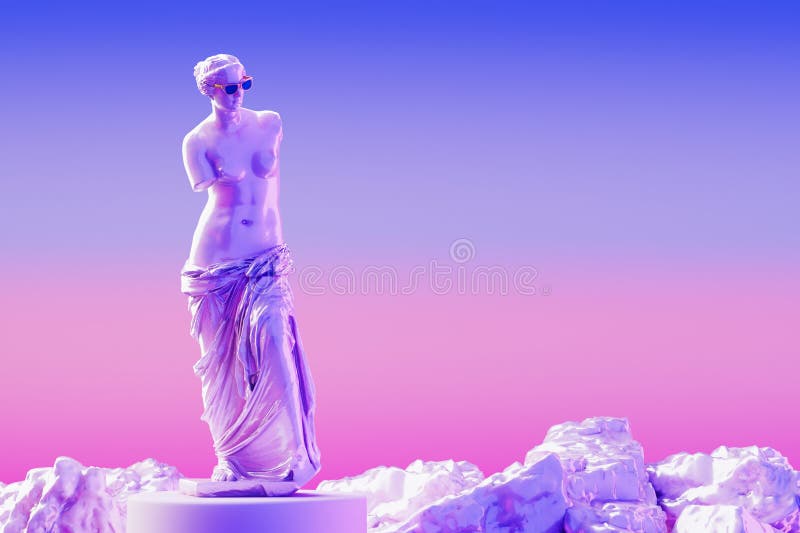 戴着墨镜的抽象金星雕像，矗立在霓虹灯3d渲染基座上 免版税库存照片