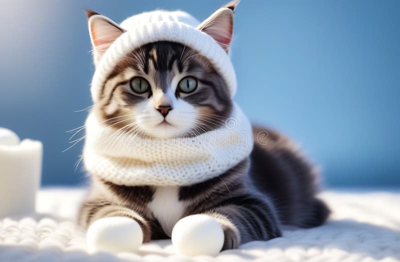 戴着针织帽子和围巾的可爱猫的肖像 库存例证