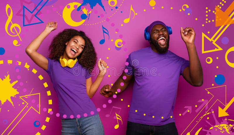 Couple with headset listen to music and dance with energy on violet background. Couple with headset listen to music and dance with energy on violet background