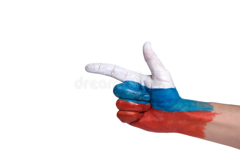 Hand in the shape pistol is painted in Russian tricolor on white background. Hand in the shape pistol is painted in Russian tricolor on white background.
