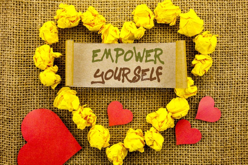 Handwriting Announcement text showing Empower Yourself. Concept meaning Positive Motivation Advice For Personal Development written Sticky Note Paper With Heart the textured background. Handwriting Announcement text showing Empower Yourself. Concept meaning Positive Motivation Advice For Personal Development written Sticky Note Paper With Heart the textured background