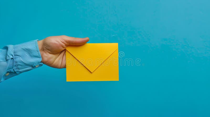 A male hand holds a yellow envelope against a blue backdrop, conveying the concept of message delivery. AI. A male hand holds a yellow envelope against a blue backdrop, conveying the concept of message delivery. AI