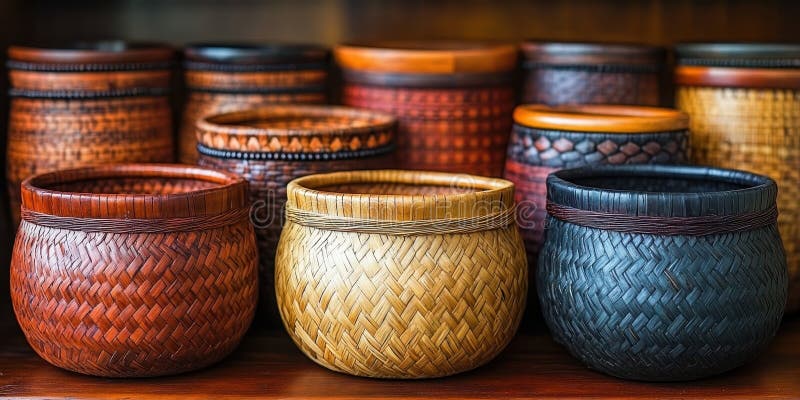 手工艺品市场上的许多柳条篮新柳条手制竹篮盒 免版税库存图片