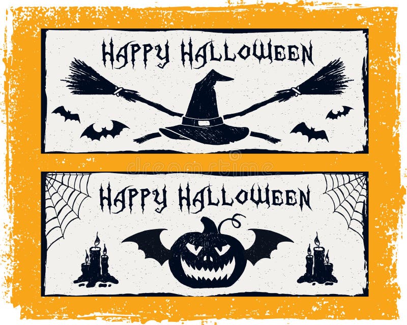 Hand drawn textured Halloween card with broomsticks, bats, jack-o-lantern, and candles. Hand drawn textured Halloween card with broomsticks, bats, jack-o-lantern, and candles.