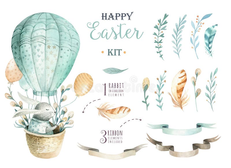 Hand drawn watercolor happy easter set with bunnies design.Rabbit bohemian style, watercolour isolated illustration on white. natural boho style. nest, quail, thrush, birth, tree. Hand drawn watercolor happy easter set with bunnies design.Rabbit bohemian style, watercolour isolated illustration on white. natural boho style. nest, quail, thrush, birth, tree.