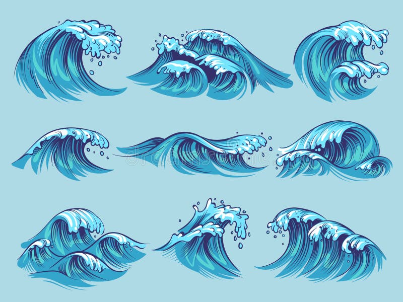 手拉的海浪 剪影海潮汐蓝色波浪浪潮飞溅手拉的冲浪的风暴波浪水乱画葡萄酒集合 库存例证 手拉的海浪 剪影海潮汐蓝色波浪浪潮飞溅手拉的冲浪的风暴波浪水乱画葡萄酒集合 库存例证
