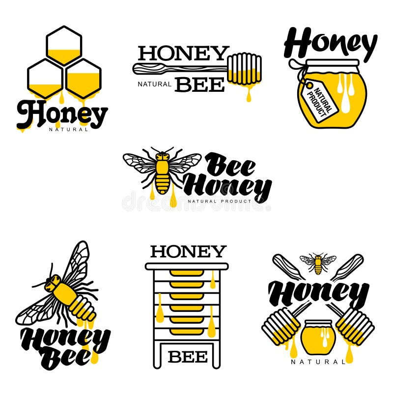 Bee, honey, apiary logo set, sketch style vector illustrations isolated on white background. Hand-drawn bee, hive, honey jar and dipper logos for honey products, labels, bee farms and apiaries. Bee, honey, apiary logo set, sketch style vector illustrations isolated on white background. Hand-drawn bee, hive, honey jar and dipper logos for honey products, labels, bee farms and apiaries