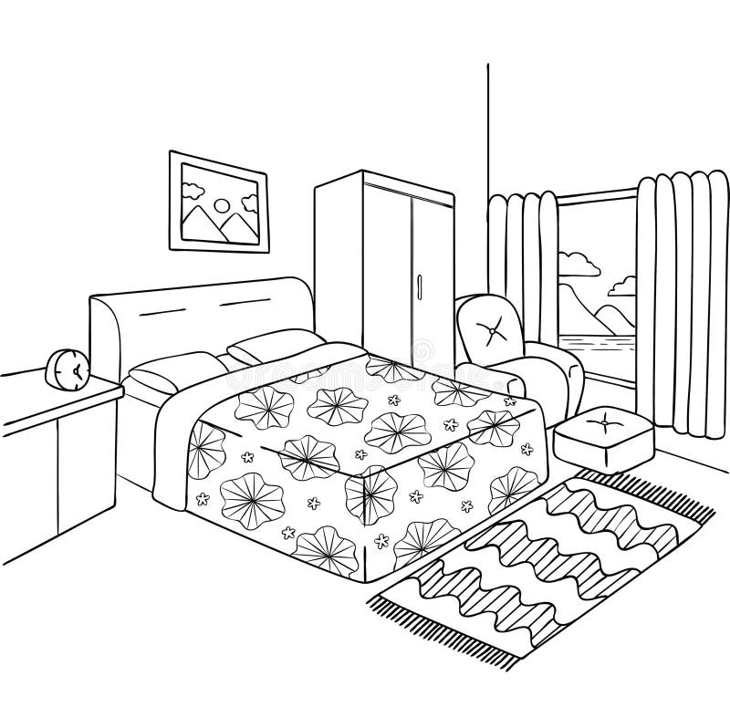 Hand drawn of bedroom for design element and adult coloring book page. Vector illustration. Hand drawn of bedroom for design element and adult coloring book page. Vector illustration