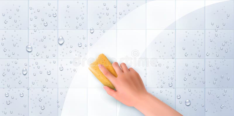 手握清洁的黄海绵,用逼真的水滴在脏白瓦上擦拭肥皂泡沫 向量例证