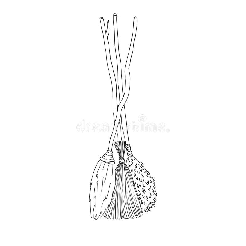 Three witches' broomsticks for flying are waiting in the coner, monochrome clipart for Halloween, line art cleaning item, black and white drawing, Harry Potter magic items. Three witches' broomsticks for flying are waiting in the coner, monochrome clipart for Halloween, line art cleaning item, black and white drawing, Harry Potter magic items