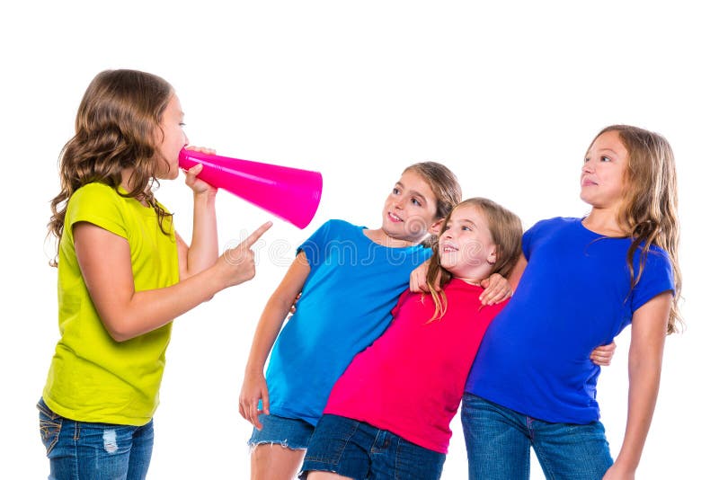 Megaphone leader kid girl shouting speaking to friends on white background political leadership. Megaphone leader kid girl shouting speaking to friends on white background political leadership